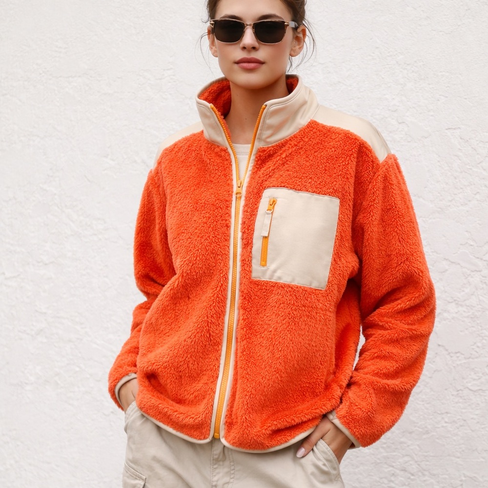 J.Crew Sherpa Fleece Jacket Orange Cream Gorpcore Cozy Zip Up Sz‎ M